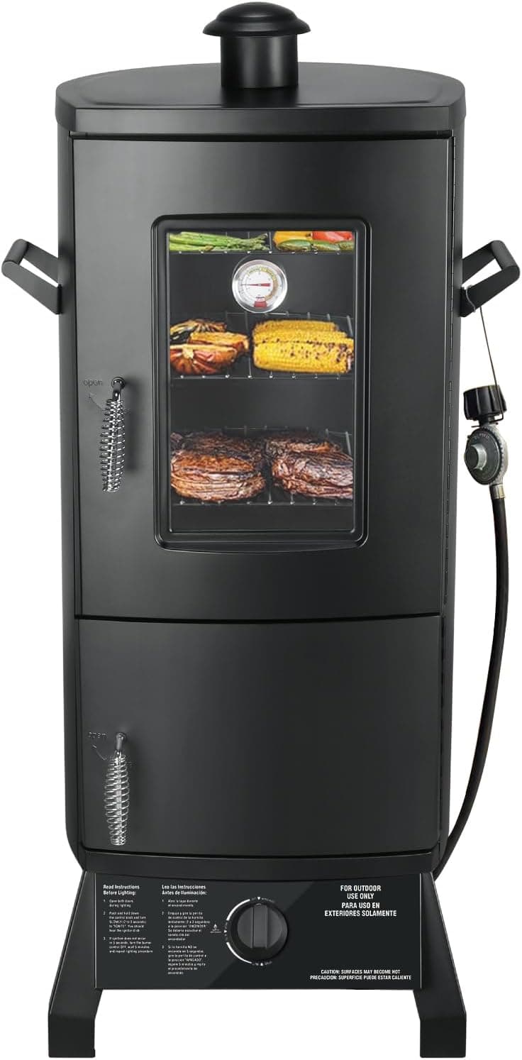 Vertical Propane Smoker with Cover, Gas Smoker Grill Outdoor Heavy Duty Three Removable Smoking Shelves with Temperature Control, Multi
