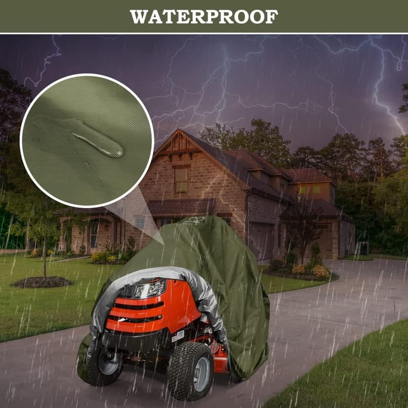 Riding Lawn Mower Cover, Heavy Duty 600D Oxford Outdoor Tractor Cover Waterproof UV Protection Lawn Mower Cover Fit Decks up to 54" with Elastic Cord & Storage Bag, Green