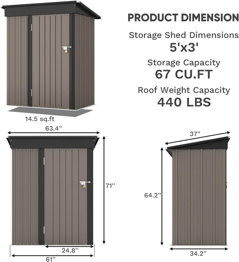 Patiowell 5x3 FT Outdoor Storage Shed, Tool Shed with Sloping Roof and Lockable Door, Metal Shed for Backyard Garden Patio Lawn, Brown