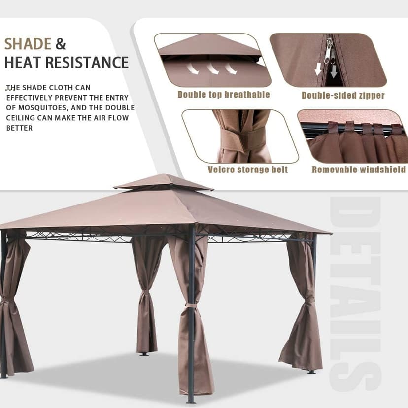 FDW 10'x13' Outdoor Patio Gazebo Heavy Duty Steel Frame Canopy with Double Roof, Privacy Curtains, for Garden, Backyard, and Lawn (Brown)