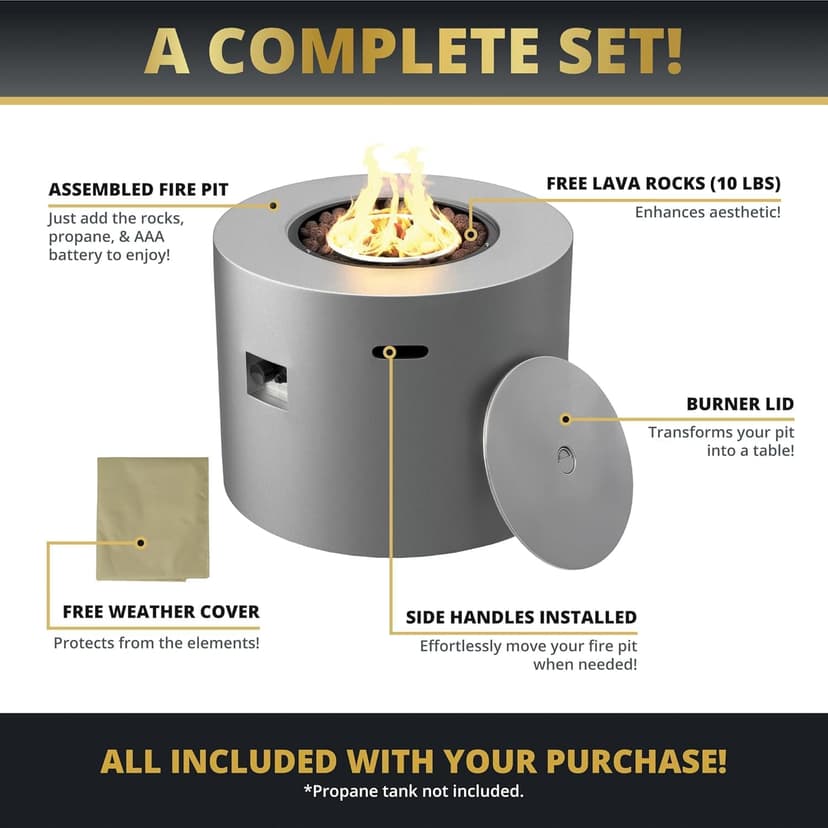 32" All in One Smokeless Fire Pit Table with Lid, Outdoor Round Patio Gas Fire Pit, 50,000 BTUs,Alloy Steel Finish,Propane Fire Table with Lava Rocks&Weatherproof Cover,Complete Accessories
