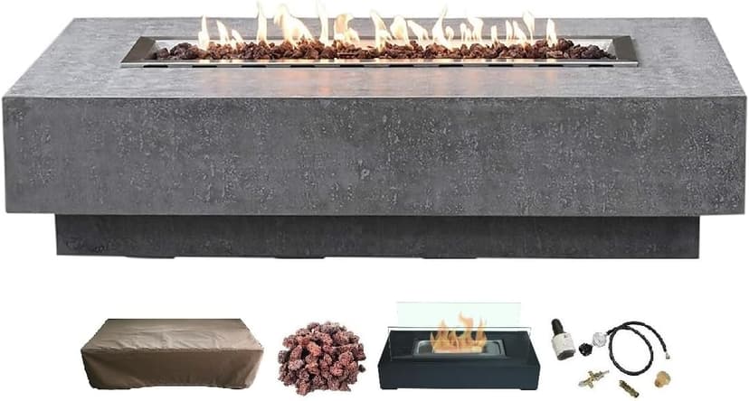AMS Fireplace | Elementi | Large Rectangular Propane Fire Pit Table for Outside Patio | Canvas Cover, Lava Rocks, and Gas Key Valve Included | Fuel: Liquid Propane, Hampton - Light Grey