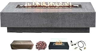 AMS Fireplace | Elementi | Large Rectangular Propane Fire Pit Table for Outside Patio | Canvas Cover, Lava Rocks, and Gas Key Valve Included | Fuel: Liquid Propane, Hampton - Light Grey