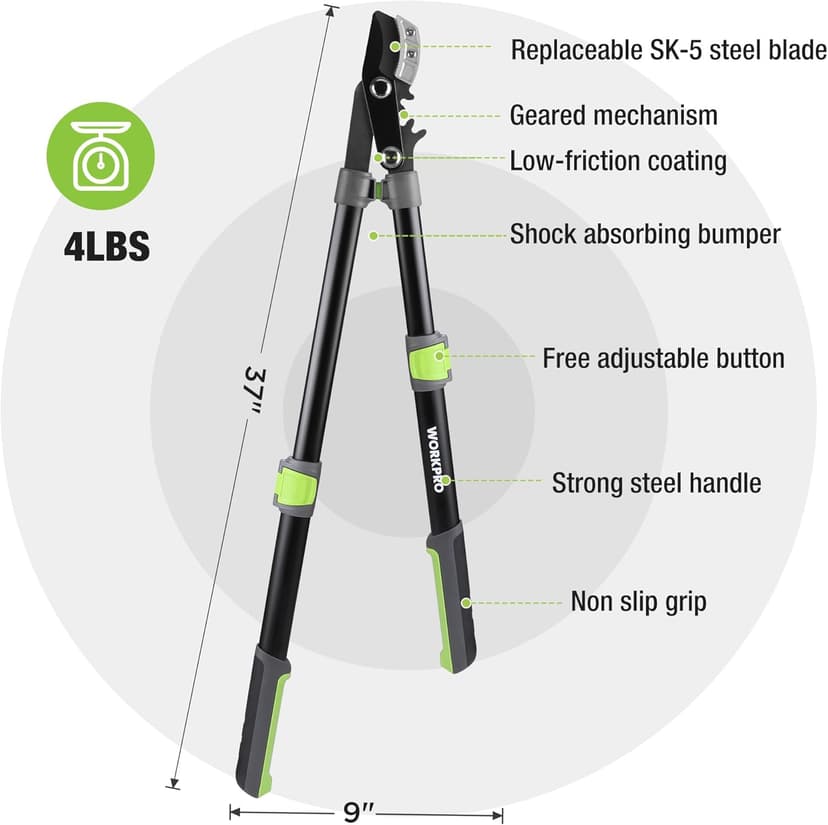 WORKPRO Extendable Anvil Lopper for Gardening, 25-37" Branch Cutter with 1.6" Cutting Capacity, Heavy-Duty Pruning Shear Featuring Gear System for Tree Trimming, Handheld Garden Shear with Sharp Blade