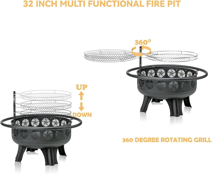 3-in-1 Fire Pit with Swivel Cooking Grate, 32 Inch Wood Burning Firepit with Grill, Outdoor Fire Pits Table with Metal Lid and Poker for Outside Patio Backyard BBQ Bonfire Camping (Black)