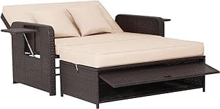 Tangkula Patio Rattan Daybed, Patiojoy Wicker Loveseat Sofa w/Multipurpose Ottoman & Retractable Side Tray, 4-Level Adjustable Backrest, Footstool w/Storage, Seat & Back Cushion Included (Beige)