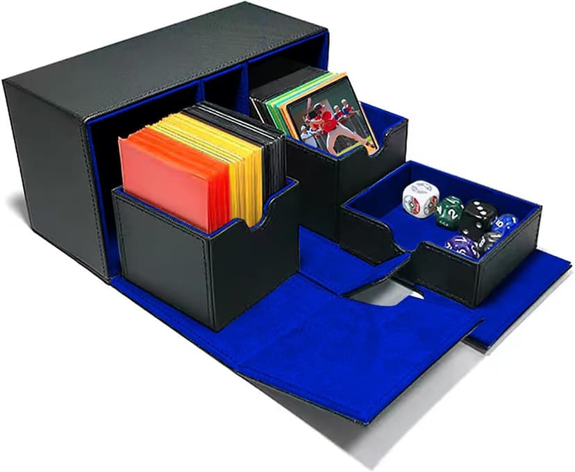 Card Deck Case for Trading Cards, Deck Storage Box for 200 Single Sleeved Cards Large Twin Flip Deck Case with 1 Storage Dice & 2 Trays Fits EDH/YuGiOh/MTG/TCG/CCG (Small-Black&Blue)