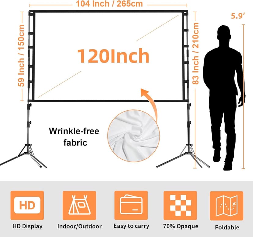 Projector Screen and Stand,GAINVANE 120 inch Portable Projector Screen Indoor Outdoor Projection Screen 16:9 4K HD Wrinkle-Free Light-Weight Movie Screen with Carry Bag for Backyard Movie Night