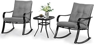 SOLAURA 3-Piece Outdoor Rocking Chairs Bistro Set, Black Iron Patio Furniture with Gray Thickened Cushion & Glass-Top Coffee Table