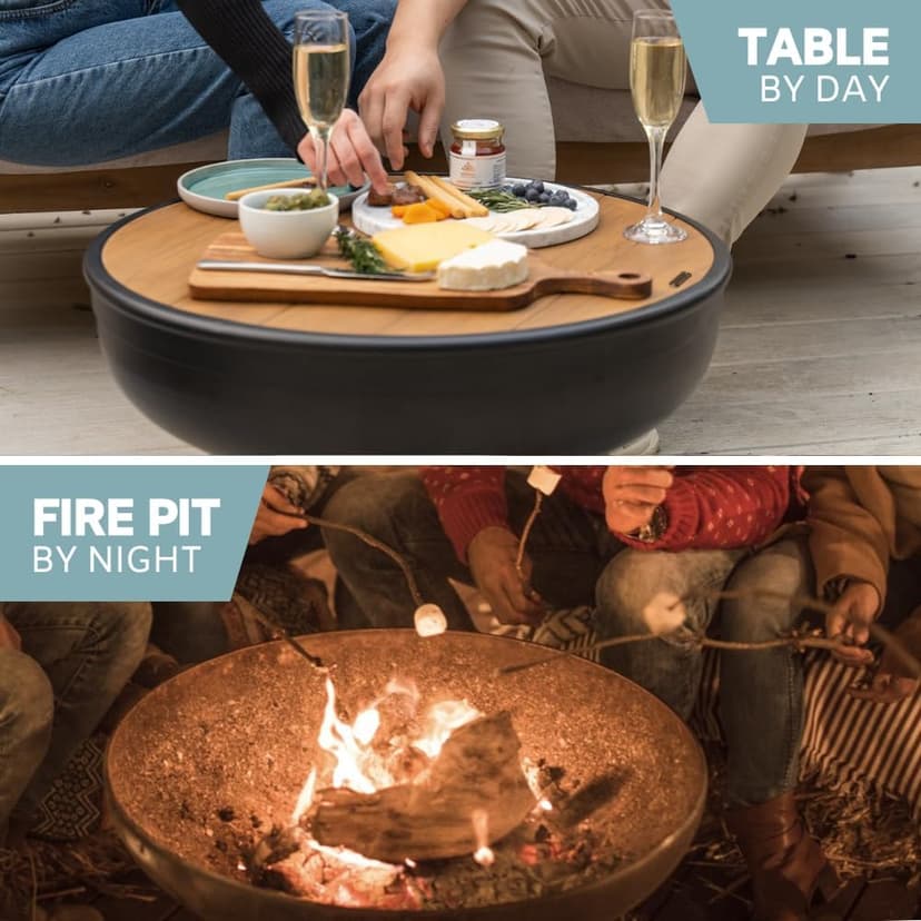 Cast Iron Fire Pit Table with Lid, Extra Thick and Heavy Duty Fire Bowl, Deep Round Firepit for Outdoor Bonfire Gatherings, Wood Burning Firepits for Outside Patio, Modern Outdoor Fire Pits