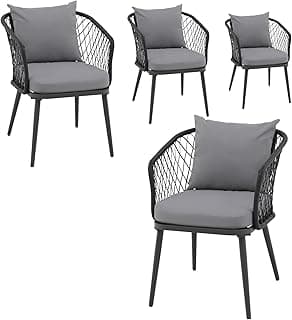 OC Orange-Casual Patio Dining Chair, All-Weather Wicker Outdoor Dining Chair Set of 4, Rattan Armchair Seating with Cushion, for Porch, Backyard, Garden, Pool, Black Wicker & Gray Cushion