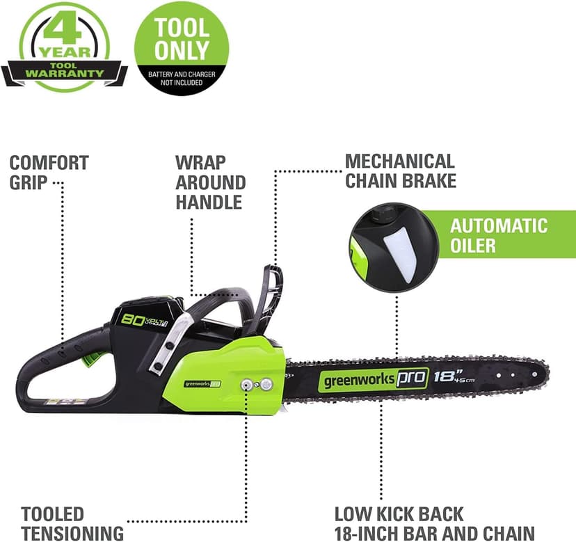Greenworks 80V 18" Brushless Cordless Chainsaw (Great for Tree Felling, Limbing, Pruning, and Firewood) / 75+ Compatible Tools), Tool Only, Black & Green