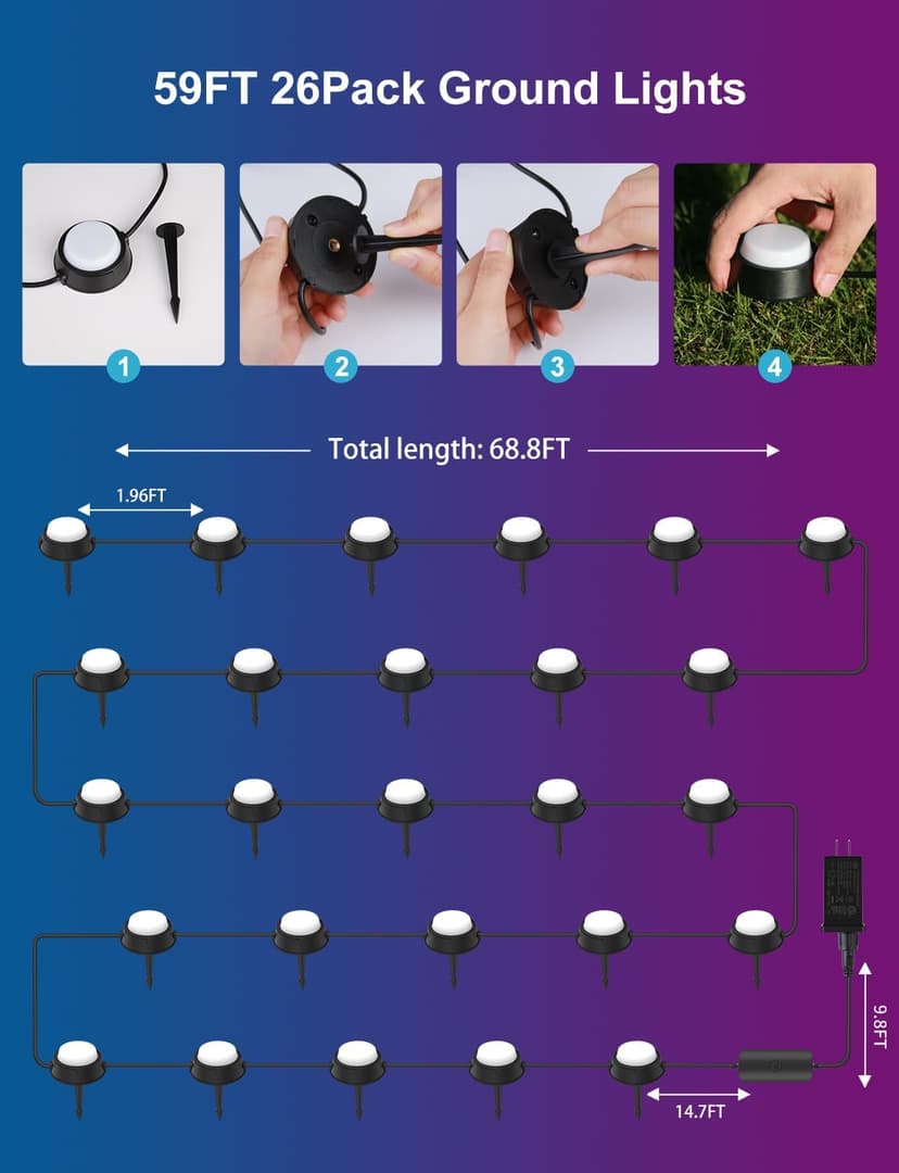 Outdoor Ground Lights 26 Pack, 59ft Smart RGBW+IC Pathway Lights Wired, IP65 Waterproof Landscape Lighting with Alexa, App Control, Walkway Lights for Garden, Yard, Patio, Lawn Decor