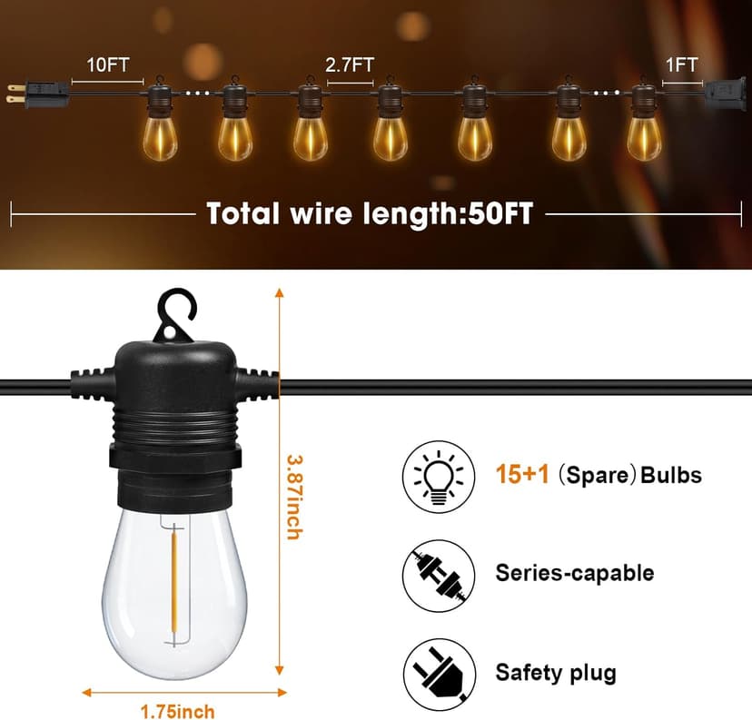 50FT LED Outdoor String Lights with 15+1 Vintage Shatterproof Waterproof S14 Bulbs, 2700K Commercial Grade Patio Light, Outside Hanging Lights for Garden Porch Deck Decor