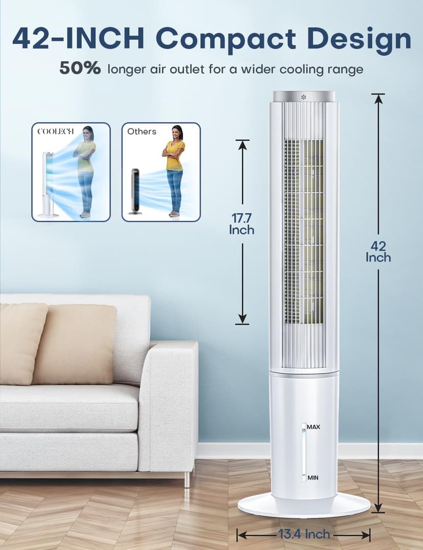 42 INCH Portable Air Conditioners w/Remote & LED Touch Screen, 4 Modes & 3 Speeds, 1-Gal Tank for 15H Cooling Evaporative Air Cooler, 12H Timer for Smart Auto-Off, 90° Oscillating Swamp Cooler