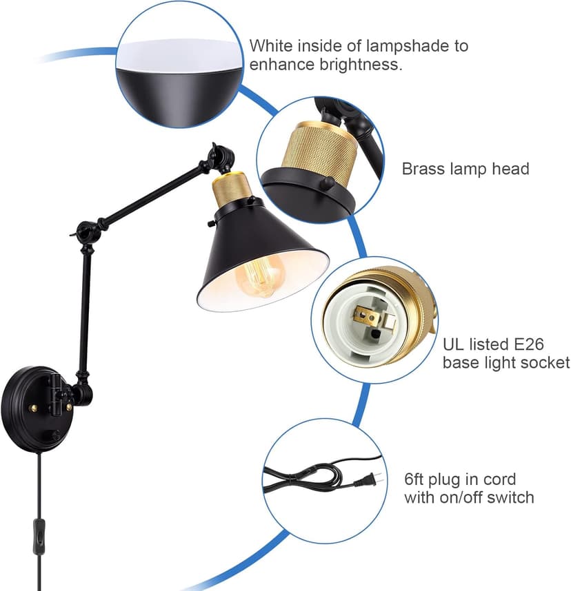 TRLIFE Wall Sconce Plug in, Dimmable Wall Sconce with Switch Swing Arm Wall Lights Plug in Wall Mounted Light Wall Sconces Lighting with 6FT Plug in Cord, E26 Base, UL Listed(Two Arms, 1 Pack)