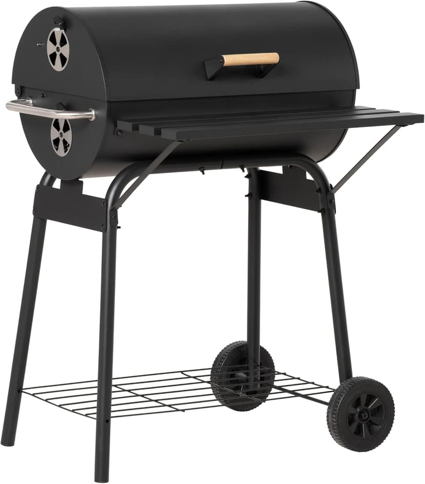Outsunny 30" Portable Barrel Charcoal BBQ Grill, Steel Outdoor Barbecue Smoker with 370 Square Inches Cooking Space, Storage Shelf, Wheels for Garden Camping Picnic, Black