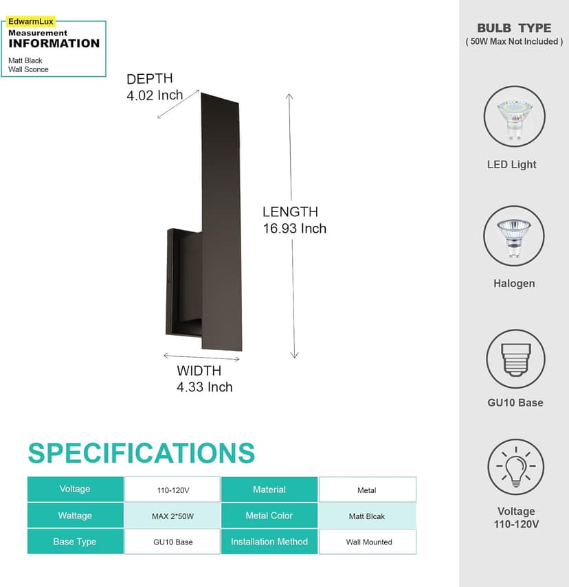 Indoor Wall Sconces, Modern Wall Lights, Up and Down Wall Mount Light, Dimmable Hardwired Wall Light for Bedroom, Living Room, Hallway, GU10 Bulbs Excluded (Matt Black)