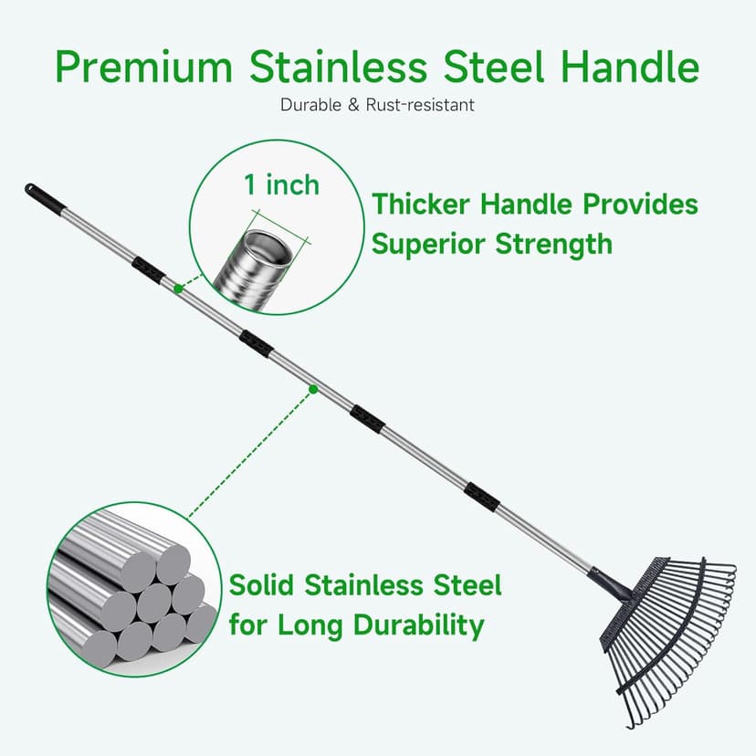 Rake for Leaves Heavy Duty 72 Inch Long Expandable Leaf Rake, 18 Inch Wide Garden Rake with 25 Reinforced Tines and Stainless Steel Handle for Lawn, Yard, Leaf Cleanup
