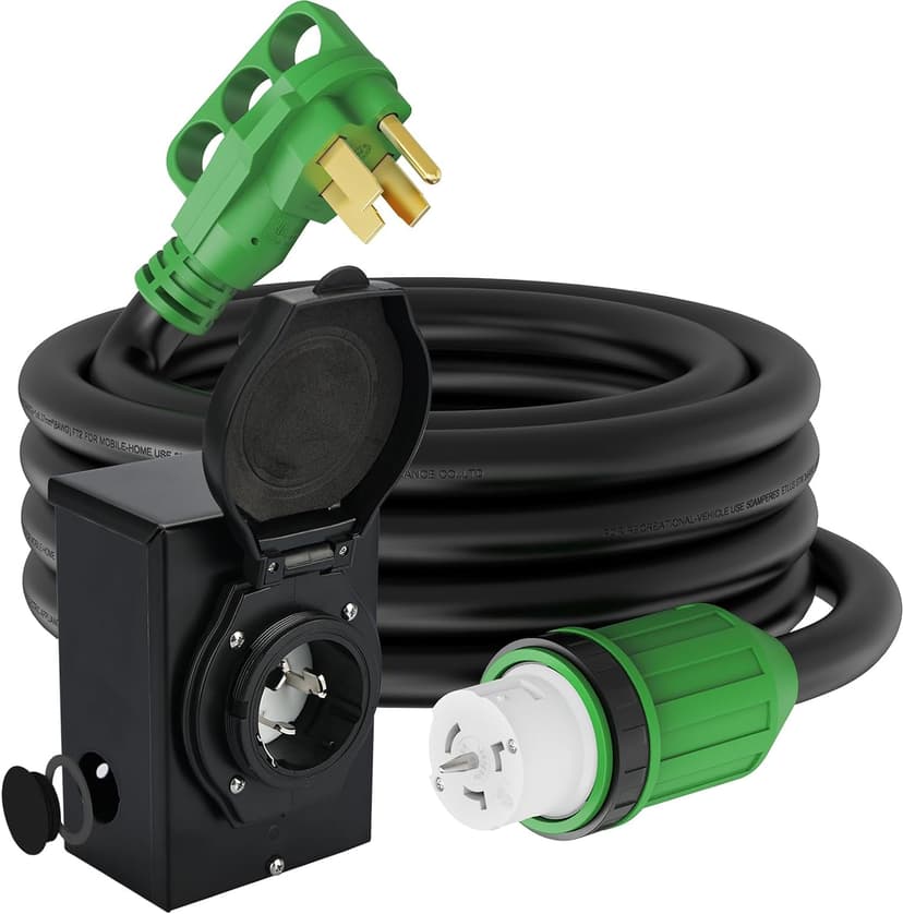 RVGUARD Emergency Power Combo Kit, 25 Foot 50 Amp Generator Cord and Power Inlet Box, NEMA 14-50P to SS2-50R Generator Cord with NEMA SS2-50P Pre-Drilled Generator Inlet Box, ETL Listed