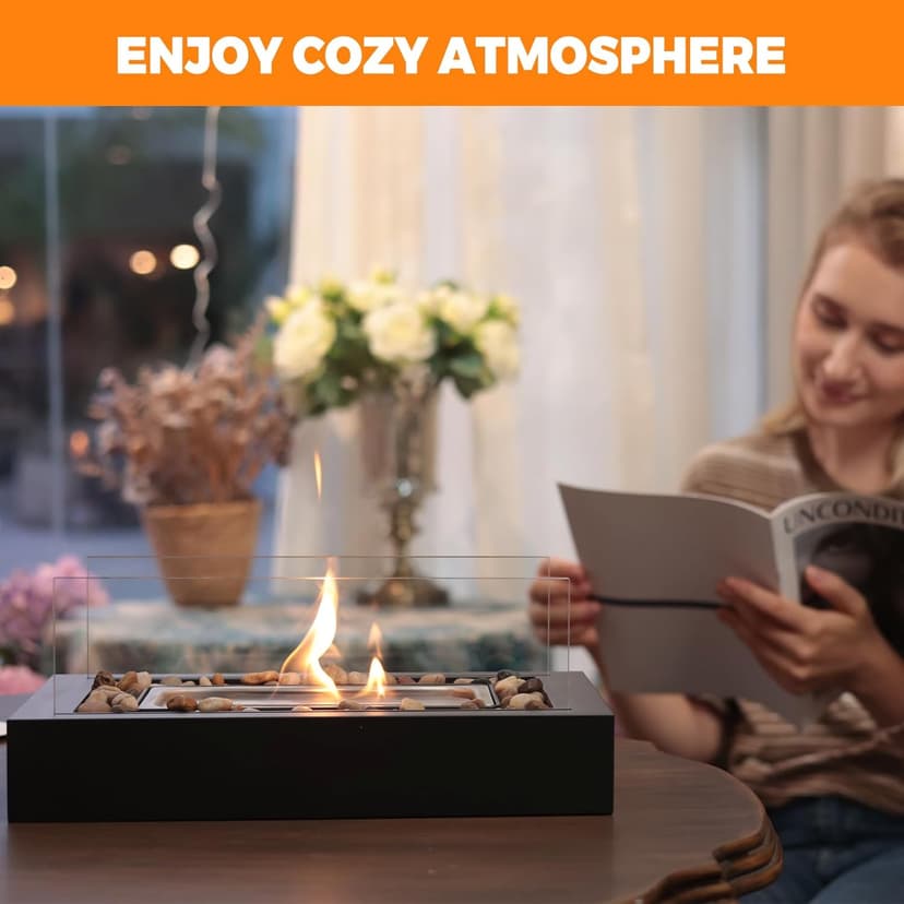 Safer Burning Rectangle Tabletop Fire Pit, Smores Maker Kit, Portable Indoor/Outdoor Table Top Firepit,Table Fireplace with Cobblestones - Gift for Home Decor & Balcony Parties, Housewarming Gift