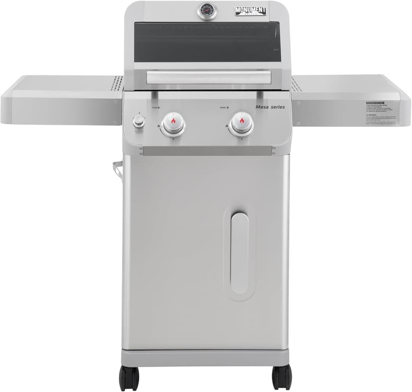 Monument Grills 2-Burner Stainless Steel Liquid Propane Gas Patio Garden Barbecue Grill with Clearview® Lid, Knob Control, and Two Foldable Shelves Mesa200S with BBQ Cover
