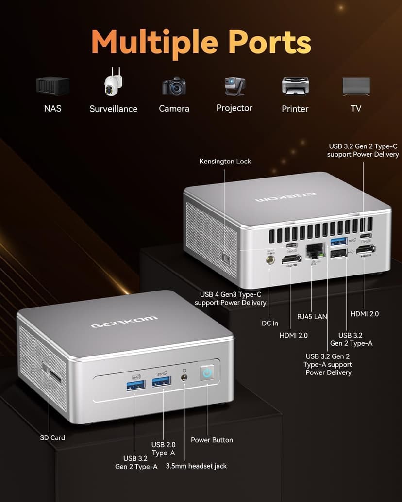 GEEKOM AE7 Mini PC AMD Ryzen 9 7940HS Mini Computers (up to 5.2GHz) 32GB DDR5 5600Mhz RAM 1TB M.2 2280 NVMe Gen4*4 SSD Mini Desktop Computer Windows 11 Pro AMD Radeon 780M/8K/WiFi6E/BT5.2/USB4.0