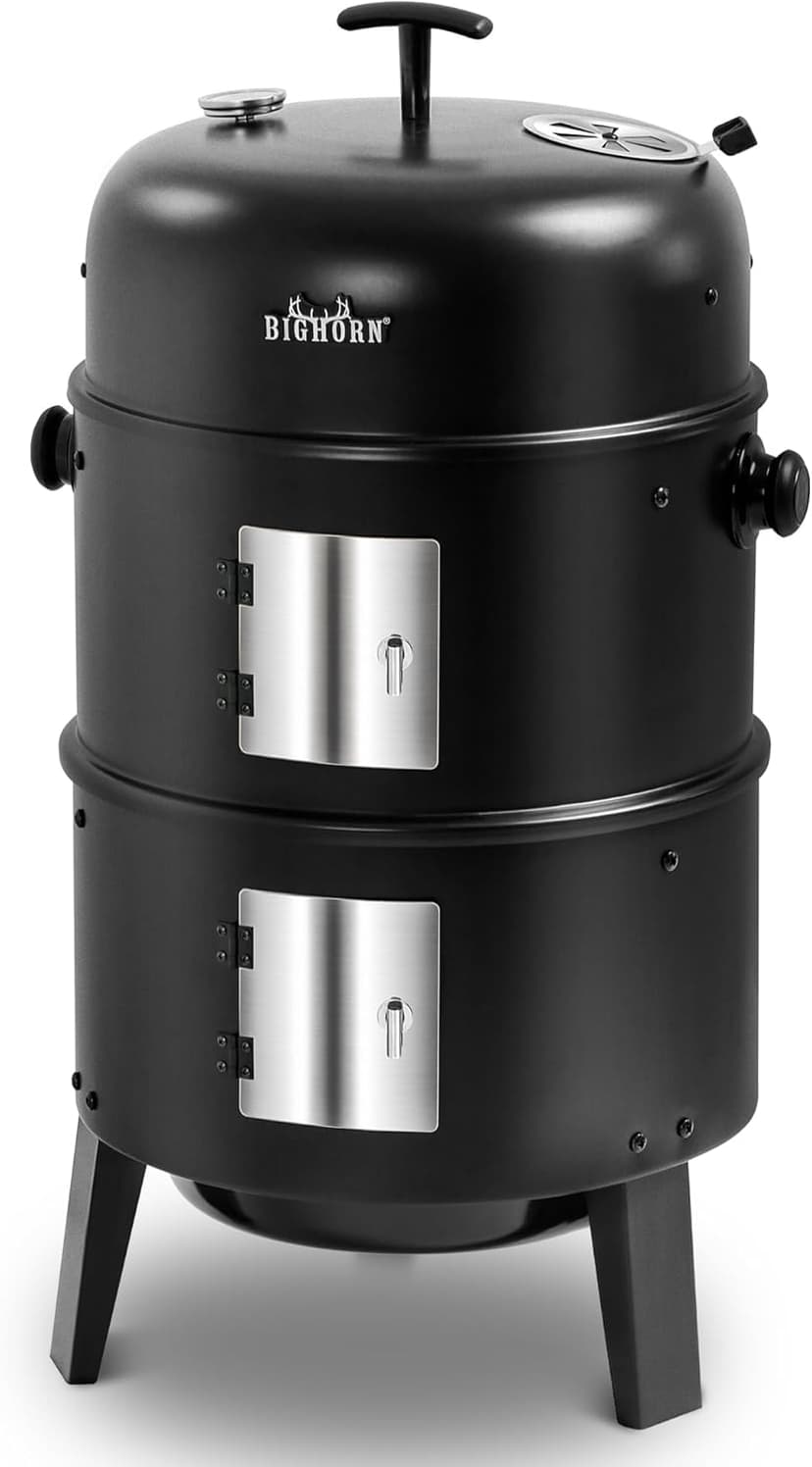 BIG HORN OUTDOORS 16 inch Charcoal Smoker, Vertical BBQ Grill, Heavy Duty 4 In 1 Fire Pit with Built-in Thermometer & Adjustable Vent System for Backyard Patio Camping