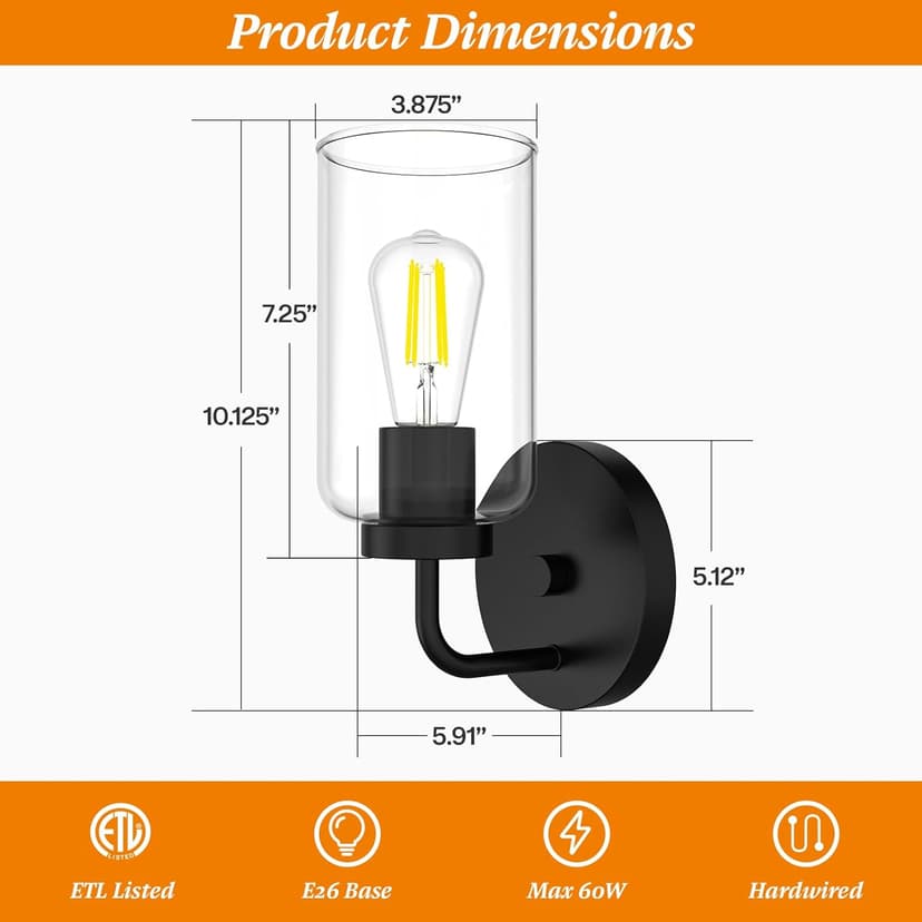 Zevluck 1-Light Wall Sconce, Modern Wall Light Fixtures with Clear Glass Shade, Matte Black Bathroom Vanity Light, Hardwired Vanity Wall Lamps for Bathroom, Bedroom, Living Room, Stairs, Hallway