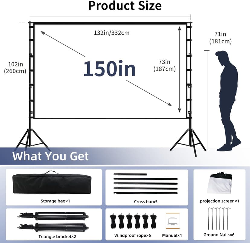 Projector Screen with Stand, Wootfairy 150 inch Portable and Foldable Projection Screen 4K HD 16:9 Rear Front Wrinkle-Free Movie Screen with Carry Bag for Indoor Outdoor Home Theater Backyard Cinema