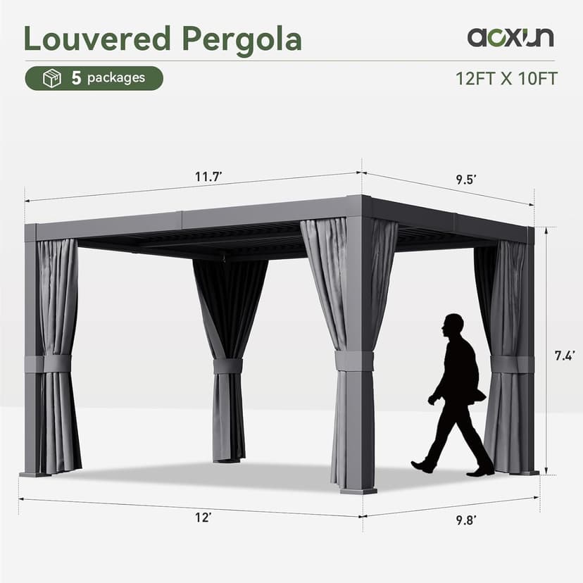 Aoxun Louvered Pergola 10' x 12' Outdoor Aluminum Pergola with Adjustable Top for Decks, Gardens and Backyards, Gray