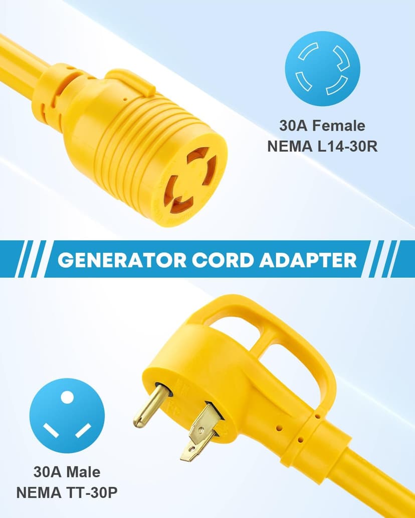 Kohree NEMA TT-30P to L14-30R Generator Adapter Cord, 30Amp 3 Prong to 4 Prong Adapter, Generator Transfer Switch Adapter Cord, STW 10 AWG 12'', 30 Amp Male Generator to 30 Amp House Inlet Box Adapter