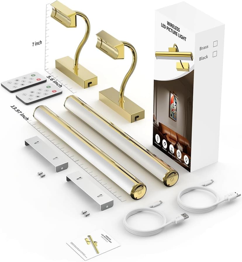 Picture Light Battery Operated, 13in Wireless Art Light for Paintings, Dimmable 5000mAh Recharging Battery Picture Light with Remote Control for Wall, Gallery Dartboard Art Bedroom (Gold-2Pack)