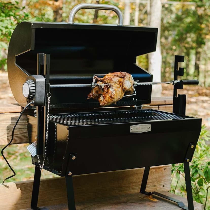 Ash & Ember 4W Rotisserie Spit Roaster Grill, Rated 33 LB, Horizontal Adjustable Spit Rod for Outdoor Charcoal BBQ with Hood, Roast Chicken, Lamb, Pig, Beef
