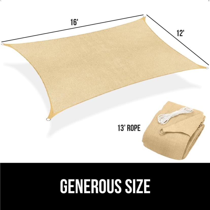 GORILLA GRIP Heavy Duty Sun Shade, UV Protection Fade Tear and Rust Resistant Rectangle Sunshade Canopy, Curved Edges Blocks Sunlight, Breathable Sail, Outdoor Patio, Lawn Garden 12x16 FT Sand