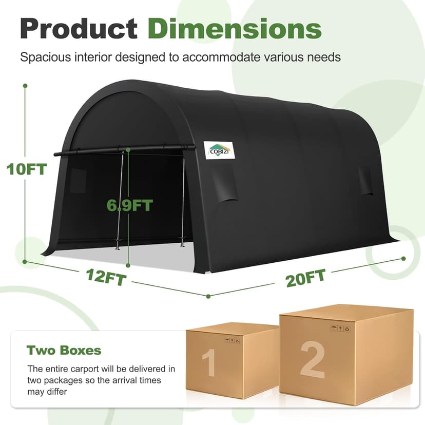 COBIZI Carport Canopy 12x20 Heavy Duty Portable Garage with Double Zippered Roll-up Doors & Vents, Large Space Car Canopy Car Tent Upgrade Waterproof for Cars, Boats, Trucks, Garden Tools, Gray