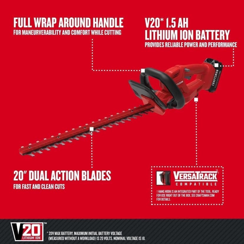 CRAFTSMAN V20 Cordless Hedge Trimmer, 20 inch, Battery and Charger Included (CMCHT810C1)