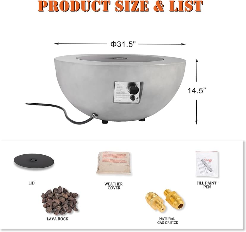 Outdoor Propane Fire Pit Table - 31.5 Inch Concrete Round Fire Table Bowl 50,000 BTU Gas FirePit Burner with Steel Lid, Lava Rocks, Rain Cover for Outside Patio, Backyard, Party