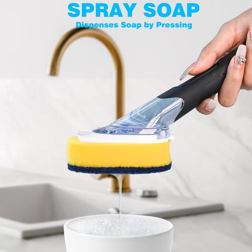 AJXX Dish Brush with Soap Dispenser Storage Set, Dish Soap Brush with 2 PCS Brush Heads & Holder, Soap Dispenser Brush with Handle, Dish Brush with Soap Dispenser, for Utensils, Pans, Sinks, Cookware