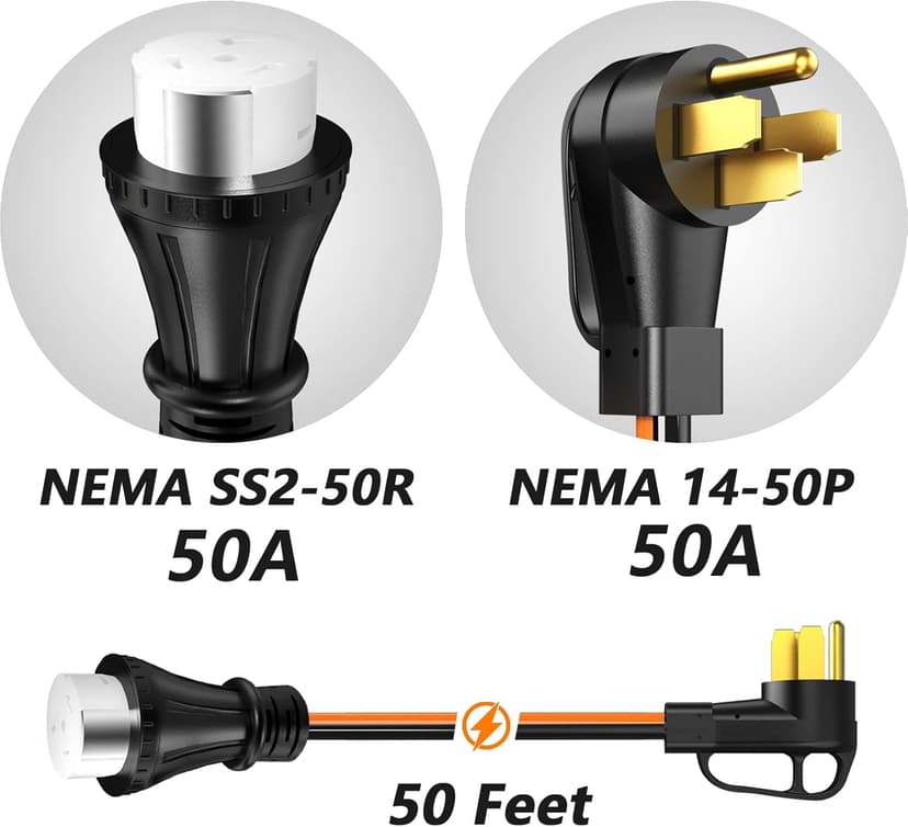50 Amp 50 Foot RV Extension Cord, 14-50P to SS2-50R Heavy Duty STW Generator Extension Cord for RV Camper and Generator to House, with Locking Connector and Cord Organizer(50 Foot Black&Orange)