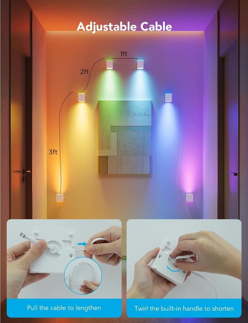 Govee Cube Wall Sconces, RGBIC LED Wall Light Works with Alexa, WiFi Smart Lights for Room Decor, Color Changing Indoor Light Fixture for Bedroom Dining Room, Music Sync, Adjustable Cables, 15ft