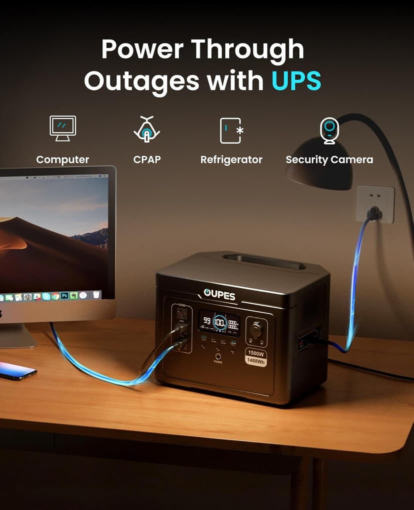 [2025 New] OUPES Exodus 1500 Portable Power Station 1500W (3600W Peak), 1488Wh LiFePO4 Battery Solar Generator with 4H Fast Charge, UPS & APP for RV/Home Emergency/Outdoor (30.5lbs Lightweight)
