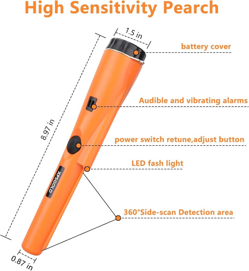 Metal Detector Pinpointing,Waterproof Pinpointer 360 Degree Search Gold&Treasure Finder with Belt Holster &LED Indicator& Buzzer Vibration, for Adults and Kids (Orange)