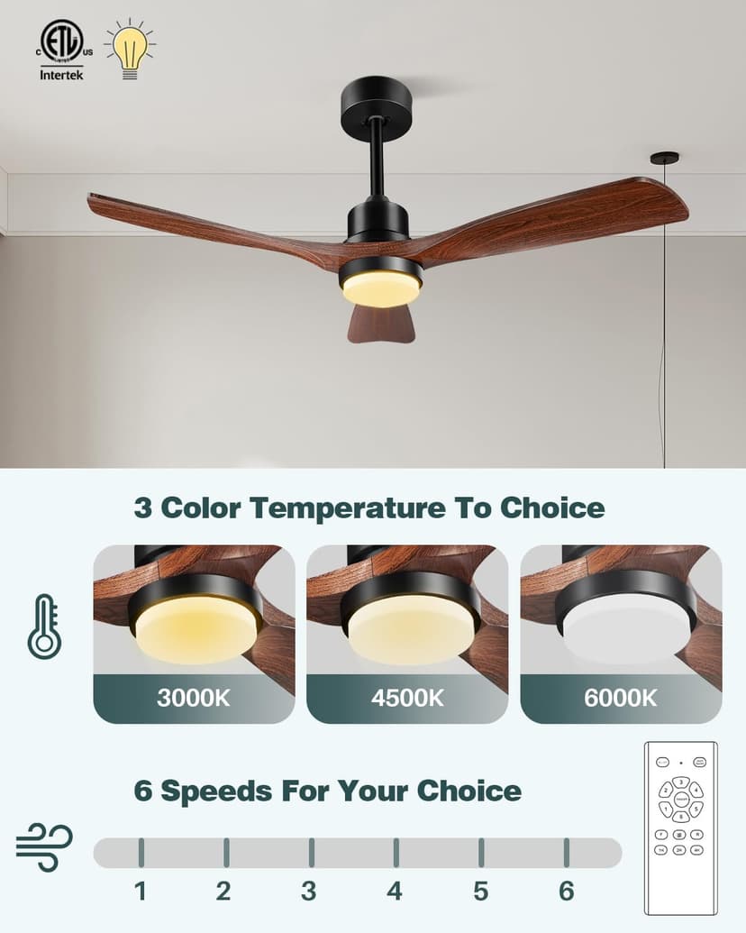 Ceiling Fans with Lights and Remote, 52 Inch Outdoor Ceiling Fan for Patios with Light 3 Downrods, 3 Blades Modern Ceiling Fan Noiseless Reversible DC Motor, Wood Fan for Farmhouse