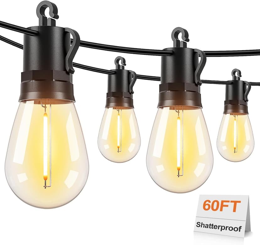 Brightever LED Outdoor String Lights, 60FT Patio Lights with 17 Shatterproof S14 Vintage Edison Bulbs(1 Spare), Outside Hanging Light Waterproof for Porch, Garden, Deck, Backyard, 2700K Dimmable