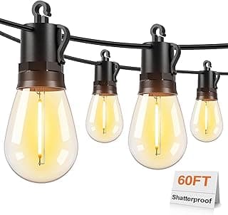 Brightever LED Outdoor String Lights, 60FT Patio Lights with 17 Shatterproof S14 Vintage Edison Bulbs(1 Spare), Outside Hanging Light Waterproof for Porch, Garden, Deck, Backyard, 2700K Dimmable