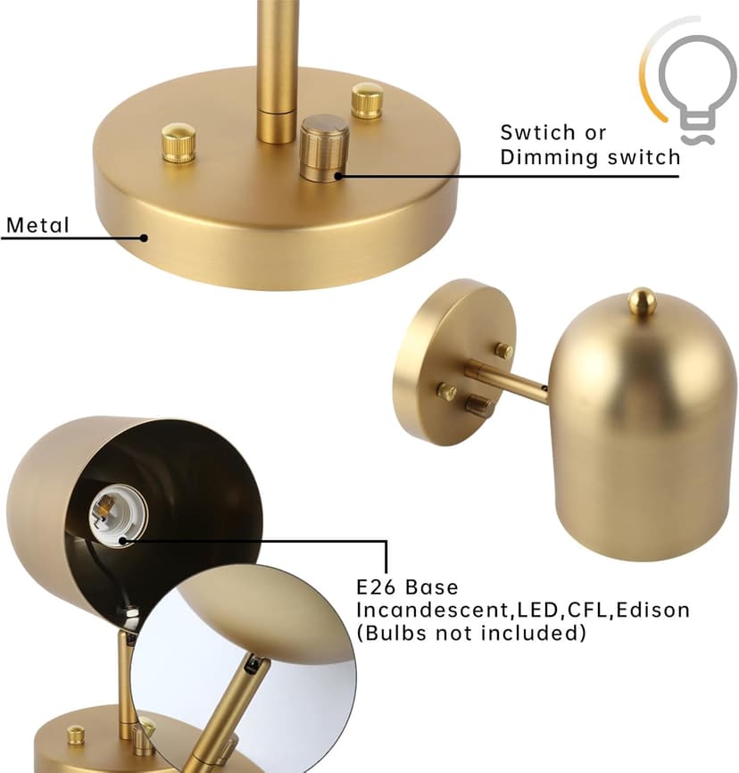 Pathson Modern Dimmable Wall Sconce Hardwired, Brass Finish Wall Light Lamp Adjust Light Head, E26 Bulb Base Reading Wall Lighting Decor for Living Room Bedroom Hallway
