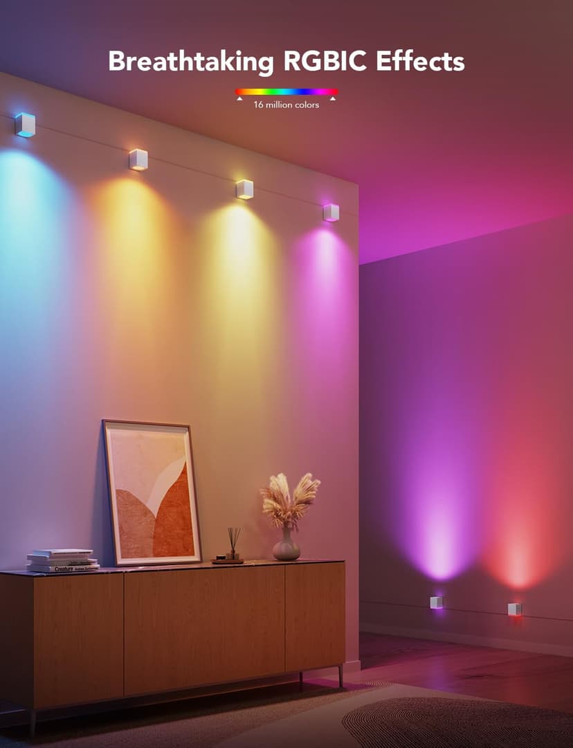 Govee Cube Wall Sconces, RGBIC LED Wall Light Works with Alexa, WiFi Smart Lights for Room Decor, Color Changing Indoor Light Fixture for Bedroom Dining Room, Music Sync, Adjustable Cables, 15ft