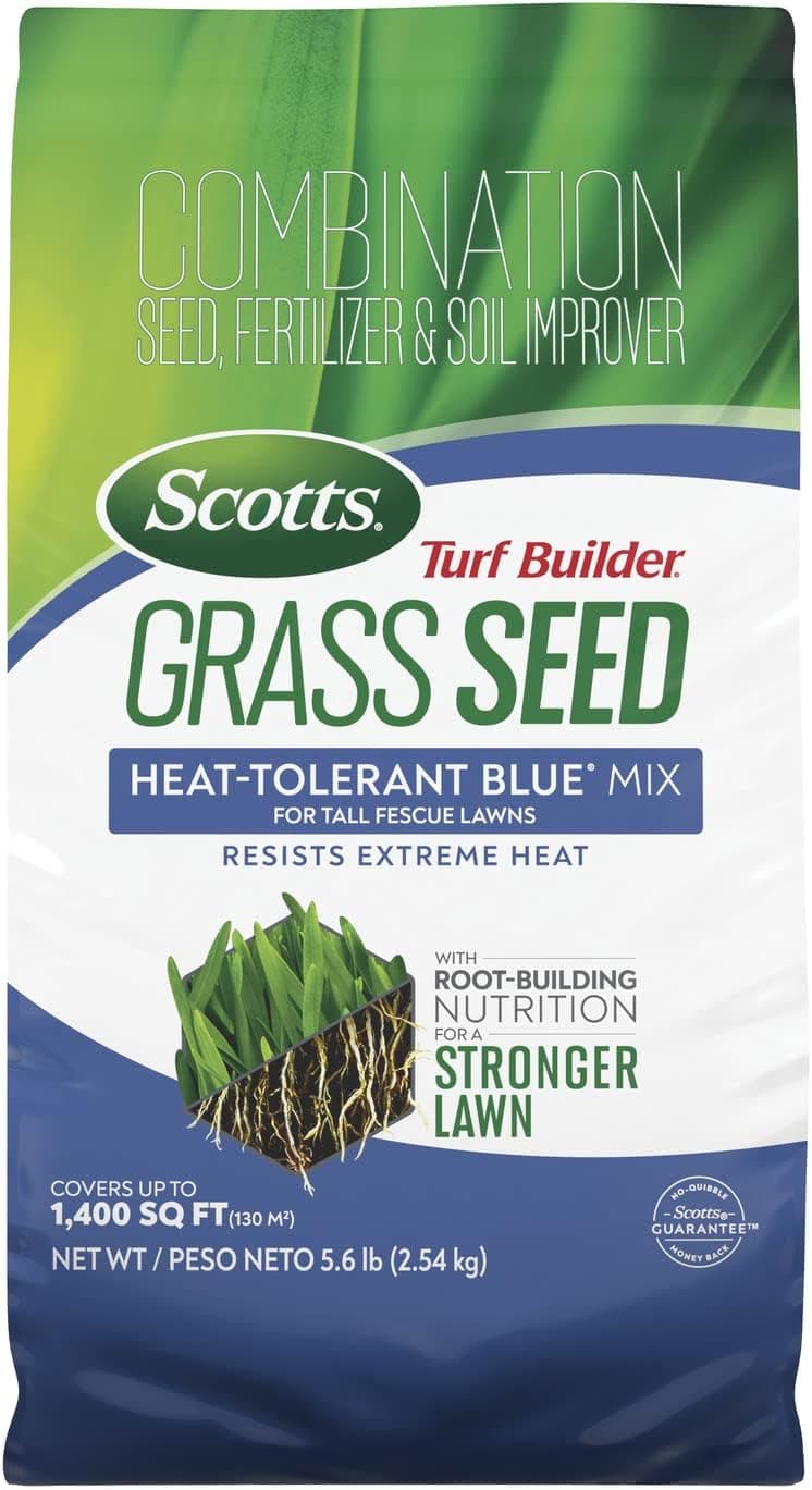Scotts Turf Builder Grass Seed Heat-Tolerant Blue Mix for Tall Fescue Lawns with Fertilizer and Soil Improver, 5.6 lbs.