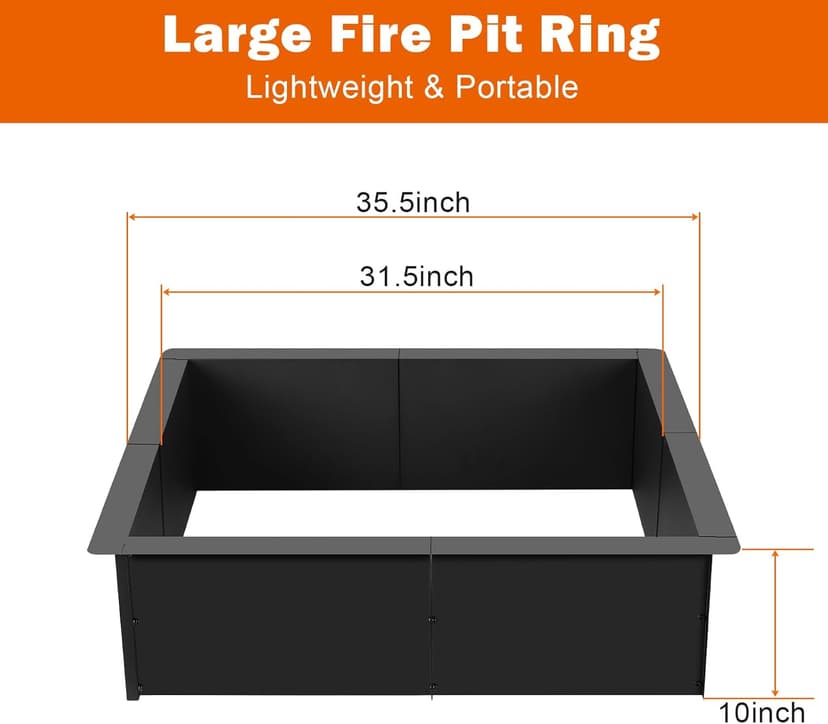 OUSHENG 32 Inch Square Fire Pit Ring Insert for Outside Wood Burning, 36 Inch Outer Large Solid Steel Firepit Liner for Above or In-Ground Outdoor DIY Camping Garden Patio Backyard